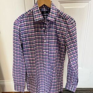 Hugo Boss pink and blue long sleeved polo checkered slim fit size 15
